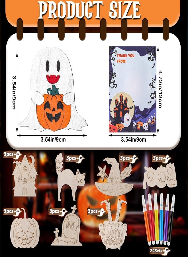 Potchen 24 Pcs Halloween Wooden Painting Crafts Kit Thank You for Coming Gifts for Kid Pumpkin Skull Bat Ghost Blank Unfinished Wooden DIY Crafts Paint Halloween Party - Image 2